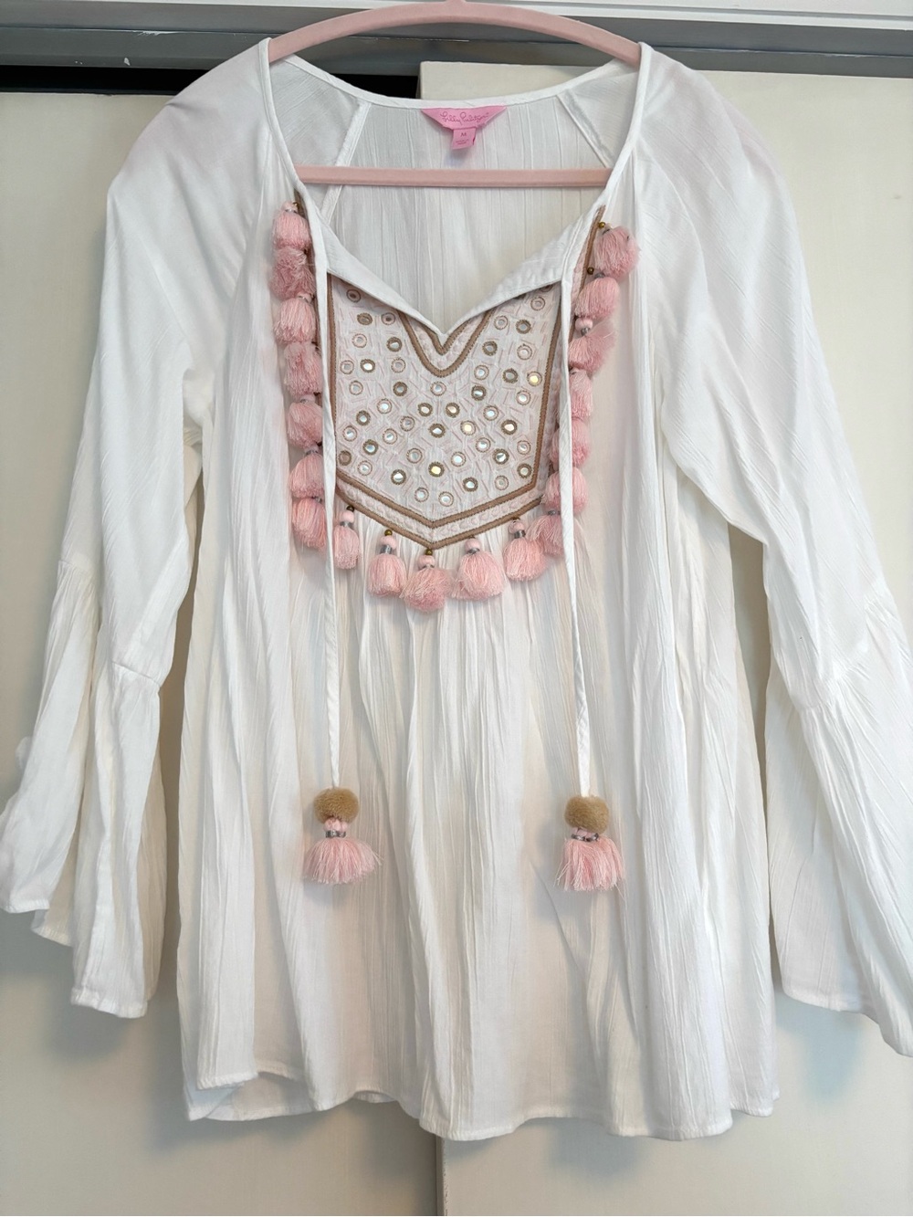 Lilly Pulitzer White Peasant Tunic with Pink Tassel Embellishment